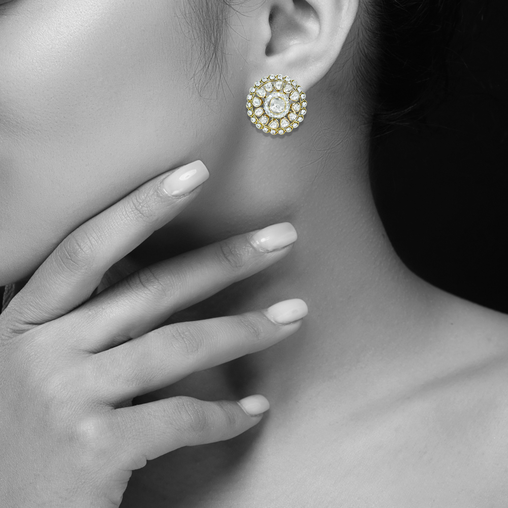 Circular Polki Stud Earrings with Intricate Halo